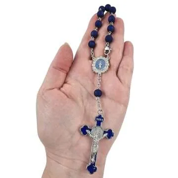 Saint Benedict One Decade Car Rosary for Rearview Mirror Virgin Mary Medal Deep Blue Rosary Beads Catholic Evil Protection Auto Rosary for Women Men