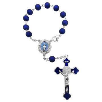 Saint Benedict One Decade Car Rosary for Rearview Mirror Virgin Mary Medal Deep Blue Rosary Beads Catholic Evil Protection Auto Rosary for Women Men