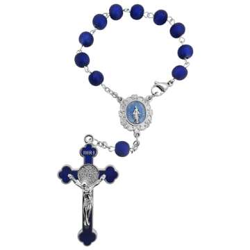 Saint Benedict One Decade Car Rosary for Rearview Mirror Virgin Mary Medal Deep Blue Rosary Beads Catholic Evil Protection Auto Rosary for Women Men