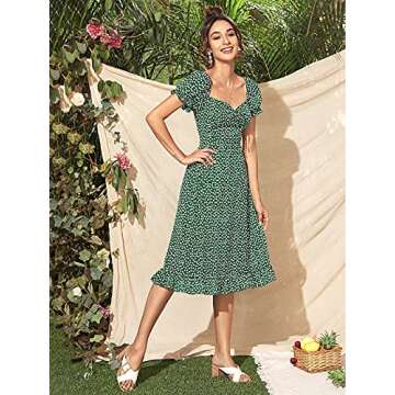 Roll Up Women's Girls Spring Summer Party Casual Floral Striped Printed Elegant Beautiful Cute Midi Boho Dresses (Medium, Green Floral, m)