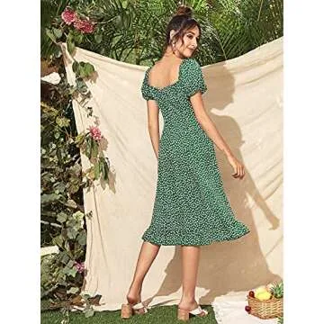 Roll Up Women's Girls Spring Summer Party Casual Floral Striped Printed Elegant Beautiful Cute Midi Boho Dresses (Medium, Green Floral, m)