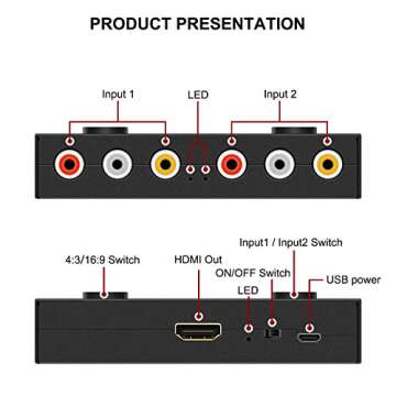 ZUZONG RCA to HDMI Converter 1080P/720P RCA Composite CVBS AV Switch to HDMI Video Audio Converter Adapter Support 4:3/16:9 Switching, for Sega Xbox PS2 PS3 N64 NGC SNES WII VHS VCR Camera DVD