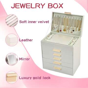 ASINGYER Large Jewelry Box Organizer - 6 Layer Jewelry Holder Organizer with Mirror for Necklace, Earrings and Bracelets Storage, Jewelry Boxes & Organizers for Women (6 layer Champagne)