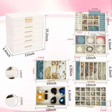 ASINGYER Large Jewelry Box Organizer - 6 Layer Jewelry Holder Organizer with Mirror for Necklace, Earrings and Bracelets Storage, Jewelry Boxes & Organizers for Women (6 layer Champagne)