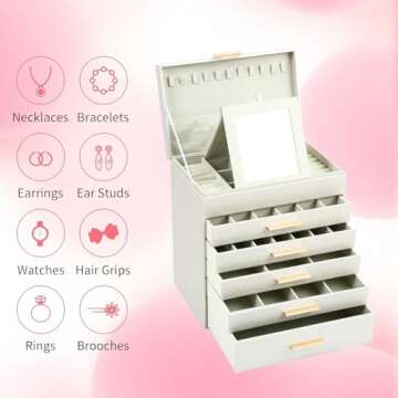 ASINGYER Large Jewelry Box Organizer - 6 Layer Jewelry Holder Organizer with Mirror for Necklace, Earrings and Bracelets Storage, Jewelry Boxes & Organizers for Women (6 layer Champagne)