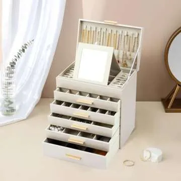 ASINGYER Large Jewelry Box Organizer - 6 Layer Jewelry Holder Organizer with Mirror for Necklace, Earrings and Bracelets Storage, Jewelry Boxes & Organizers for Women (6 layer Champagne)
