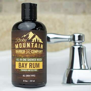 Rocky Mountain Barber Company Bay Rum All-In-One Body Wash - Shampoo, Body Wash, Conditioner, Face Wash & Beard Wash with Aloe Leaf Juice - 8 oz