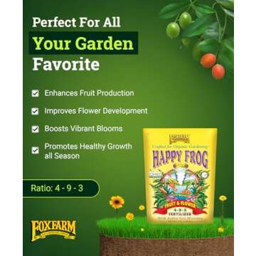 Fox Farm Happy Frog Fruit & Flower Fertilizer – Organic Blend for Abundant Fruits & Vibrant Flowers, Phosphorus Fertilizer with Mycorrhizal Fungi, NPK 4-9-3, (4 lb Bag)