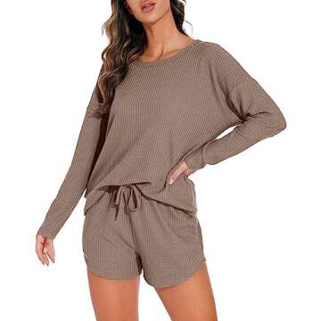 PrinStory Pajamas Set for Women Waffle Knit Lounge Set 2 Piece Outfits Loungewear Sweatsuit with Poc...