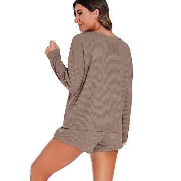PrinStory Pajamas Set for Women Waffle Knit Lounge Set 2 Piece Outfits Loungewear Sweatsuit with Pockets Khaki