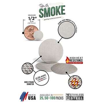 Made in The USA - 100 1/2" (.500) Stainless Steel Pipe Screen Filter - Up in Smoke Pipe Screens
