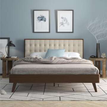 DG Casa Soloman Beige Solid Wood and Upholstered Platform Bed Frame with Tufted Headboard, Full Wooden Slats, Easy Assembly, No Box Spring Required - Modern Mid Century Style King Size Bed