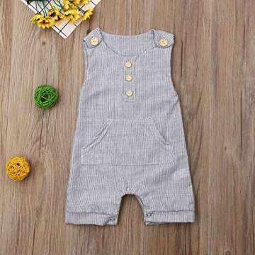 rechange Infant Toddler Baby Boy Girl Sleeveless Button Striped Romper Shorts Bodysuit Jumpsuit (0-3 Months) Grey
