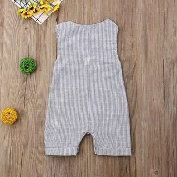 rechange Infant Toddler Baby Boy Girl Sleeveless Button Striped Romper Shorts Bodysuit Jumpsuit (0-3 Months) Grey
