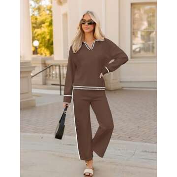 ZESICA Women's 2 Piece Fall Outfits Long Sleeve V Neck Knit Sweater Tops Wide Leg Pants Sweatsuit Lounge Sets,Brown,Medium