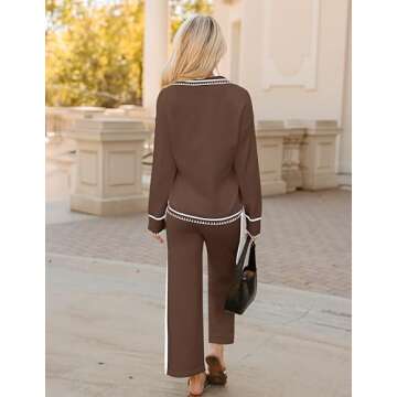 ZESICA Women's 2 Piece Fall Outfits Long Sleeve V Neck Knit Sweater Tops Wide Leg Pants Sweatsuit Lounge Sets,Brown,Medium
