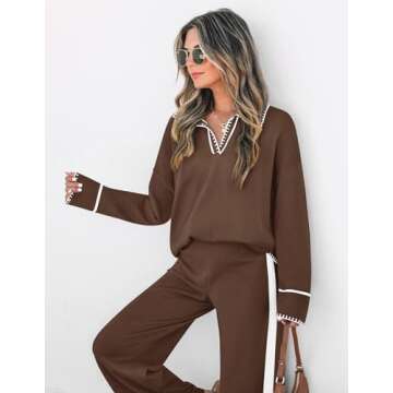 ZESICA Women's 2 Piece Fall Outfits Long Sleeve V Neck Knit Sweater Tops Wide Leg Pants Sweatsuit Lounge Sets,Brown,Medium