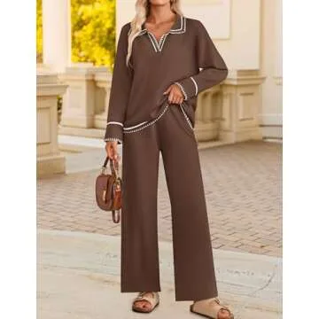 ZESICA Women's 2 Piece Fall Outfits Long Sleeve V Neck Knit Sweater Tops Wide Leg Pants Sweatsuit Lounge Sets,Brown,Medium