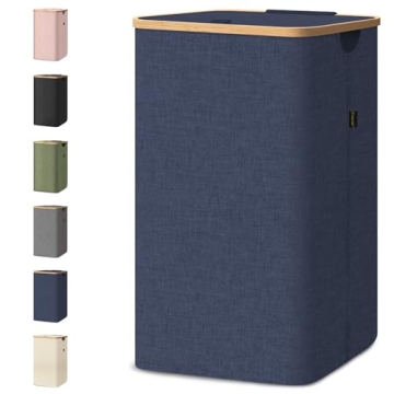 BALEINE Laundry Hamper with Lid, Tall Laundry Baskets with Bamboo Pull Handles, Large Laundry Bin with Internal Support (26 Gal/100L, Blue)