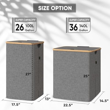 BALEINE Laundry Hamper with Lid, Tall Laundry Baskets with Bamboo Pull Handles, Large Laundry Bin with Internal Support (26 Gal/100L, Blue)
