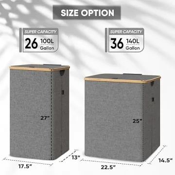 BALEINE Laundry Hamper with Lid, Tall Laundry Baskets with Bamboo Pull Handles, Large Laundry Bin with Internal Support (26 Gal/100L, Blue)