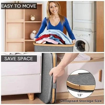 BALEINE Laundry Hamper with Lid, Tall Laundry Baskets with Bamboo Pull Handles, Large Laundry Bin with Internal Support (26 Gal/100L, Blue)