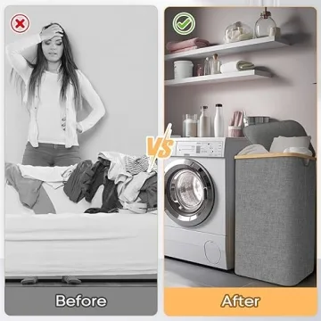 BALEINE Laundry Hamper with Lid, Tall Laundry Baskets with Bamboo Pull Handles, Large Laundry Bin with Internal Support (26 Gal/100L, Blue)