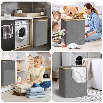 BALEINE Laundry Hamper with Lid, Tall Laundry Baskets with Bamboo Pull Handles, Large Laundry Bin with Internal Support (26 Gal/100L, Blue)