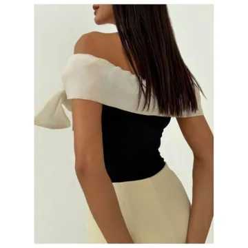 MakeMeChic Women's Colorblock Bow Top Bodysuit Y2K Style