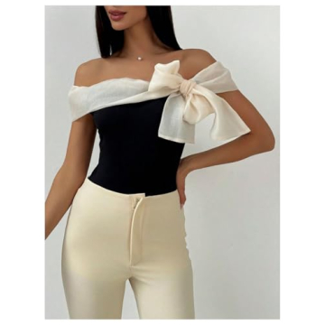 MakeMeChic Women's Colorblock Bow Top Bodysuit Y2K Style