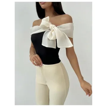 MakeMeChic Women's Colorblock Bow Top Bodysuit Y2K Style