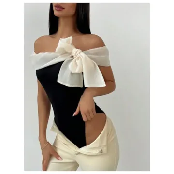MakeMeChic Women's Colorblock Bow Top Bodysuit Y2K Style