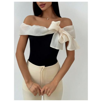 MakeMeChic Women's Colorblock Bow Top Bodysuit Y2K Style