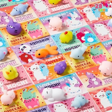 JOYIN 28 Packs Valentines Day Squishy Toy Gift Cards for Kids, Kawaii Mochi to Squeeze with Cards, M...