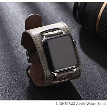 NIGHTCRUZ Compatible with Leather Apple Watch Band - Wide Leather Adjustable Bracelet for Apple Watch Series 5/4/3 (Grey, 38mm/40mm)