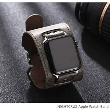 NIGHTCRUZ Compatible with Leather Apple Watch Band - Wide Leather Adjustable Bracelet for Apple Watch Series 5/4/3 (Grey, 38mm/40mm)