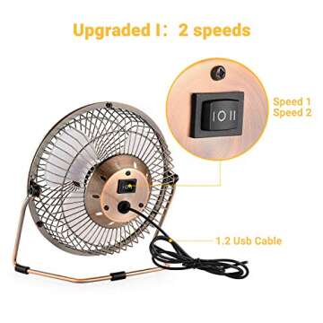 EasyAcc 6 Inch USB Desk Fan, 360°Rotation Small and Quiet,Powerful Portable Strong Airflow,Mini Metal Personal Cooling Fan with 2 Speed for Home Office,Bronze(USB POWERED ONLY)