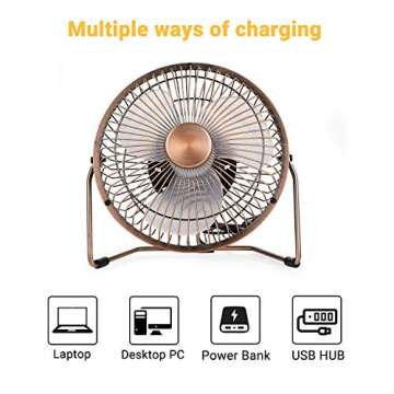 EasyAcc 6 Inch USB Desk Fan, 360°Rotation Small and Quiet,Powerful Portable Strong Airflow,Mini Metal Personal Cooling Fan with 2 Speed for Home Office,Bronze(USB POWERED ONLY)