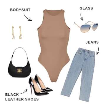 SHAPERX Women's Fit Everybody Sleeveless Bodysuit Soft High Neck T-shirt Body Suits with Thong Design, SZ5241-Sienna-XS