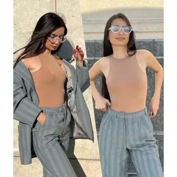 SHAPERX Women's Fit Everybody Sleeveless Bodysuit Soft High Neck T-shirt Body Suits with Thong Design, SZ5241-Sienna-XS