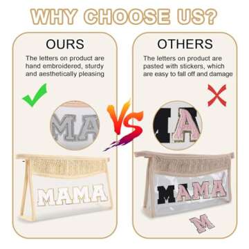 Iqimott Boho Patch Mama Bag Clear Makeup Letter Bag, Waterproof Zipper Make up Bag Toiletry Pouch for Women Girls, Clear Letter Patch Cosmetic Bag Transparent Organizer Pouch for Travel(Mama, Beige)