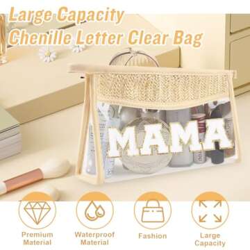 Iqimott Boho Patch Mama Bag Clear Makeup Letter Bag, Waterproof Zipper Make up Bag Toiletry Pouch for Women Girls, Clear Letter Patch Cosmetic Bag Transparent Organizer Pouch for Travel(Mama, Beige)