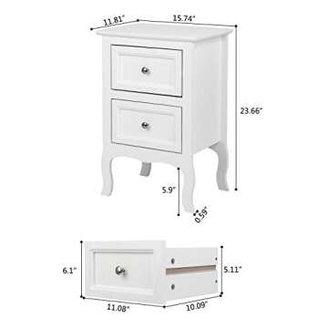 Bonnlo White Nightstand with 2 Drawers, Night Stands for Bedrooms, Small Bed Side Table/White Night Stand with Drawers for Small Spaces, College Dorm, Kids’ Room, Living Room, French, 16W x 12D x 24H