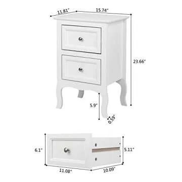 Bonnlo White Nightstand with 2 Drawers, Night Stands for Bedrooms, Small Bed Side Table/White Night Stand with Drawers for Small Spaces, College Dorm, Kids’ Room, Living Room, French, 16W x 12D x 24H