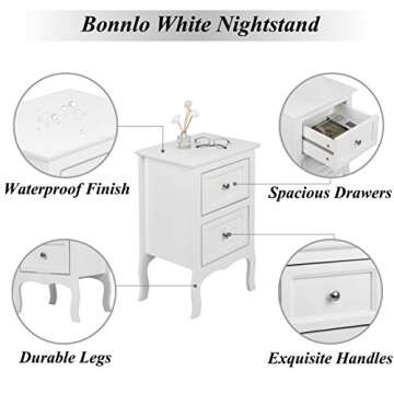 Bonnlo White Nightstand with 2 Drawers, Night Stands for Bedrooms, Small Bed Side Table/White Night Stand with Drawers for Small Spaces, College Dorm, Kids’ Room, Living Room, French, 16W x 12D x 24H