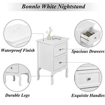 Bonnlo White Nightstand with 2 Drawers, Night Stands for Bedrooms, Small Bed Side Table/White Night Stand with Drawers for Small Spaces, College Dorm, Kids’ Room, Living Room, French, 16W x 12D x 24H