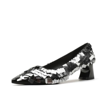 NIOKIT Women's Trendy Sparkling Block Heeled Pumps with Closed Pointed Toe - Glitter Comfy Party Dre...