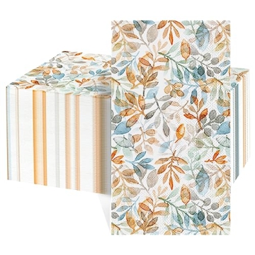 Horaldaily 100 Fall Disposable Paper Decorative Guest Napkins, Thanksgiving Orange Blue Leaves Hand ...