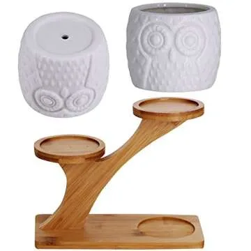 3pcs Owl Succulent Pots with 3 Tier Bamboo Saucers Stand Holder - White Modern Decorative Ceramic Flower Planter with Drainage - Home Office Desk Garden Mini Cactus Plant Pot Indoor Decoration