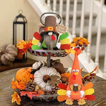 Thanksgiving Gnome Plush Decorations - 2 Pcs Mr and Mrs Turkey Gnomes Handmade Scandinavian Autumn Tomte - Fall Season Decor, Tiered Tray Decor, Thanksgiving Table Decoration, Housewarming Present